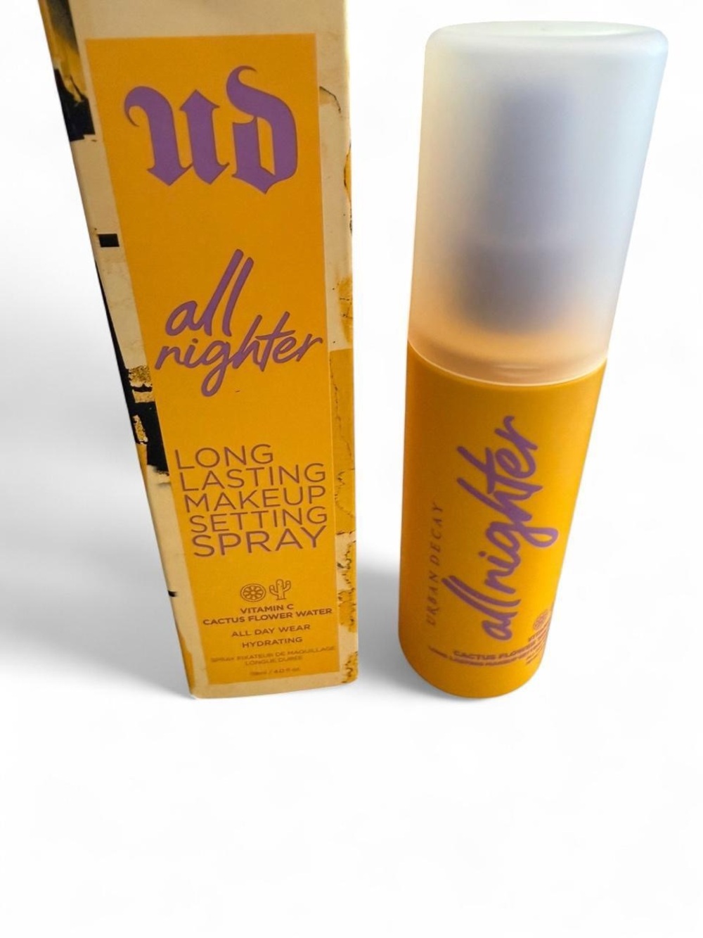 Urban Decay All Nighter Setting Spray in Yellow with Purple Logo